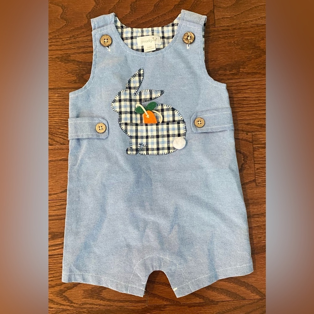 Mud Pie Easter Shortalls Romper Jon Jon Sz 6-9 M Blue/Blue Plaid Bunny w/Carrot